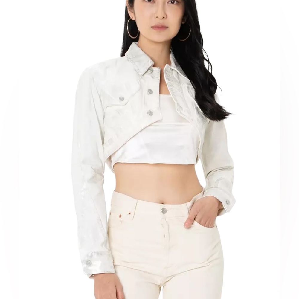 NEW Zara White & Metallic Silver Coated Cropped Denim Jean Jacket - XS